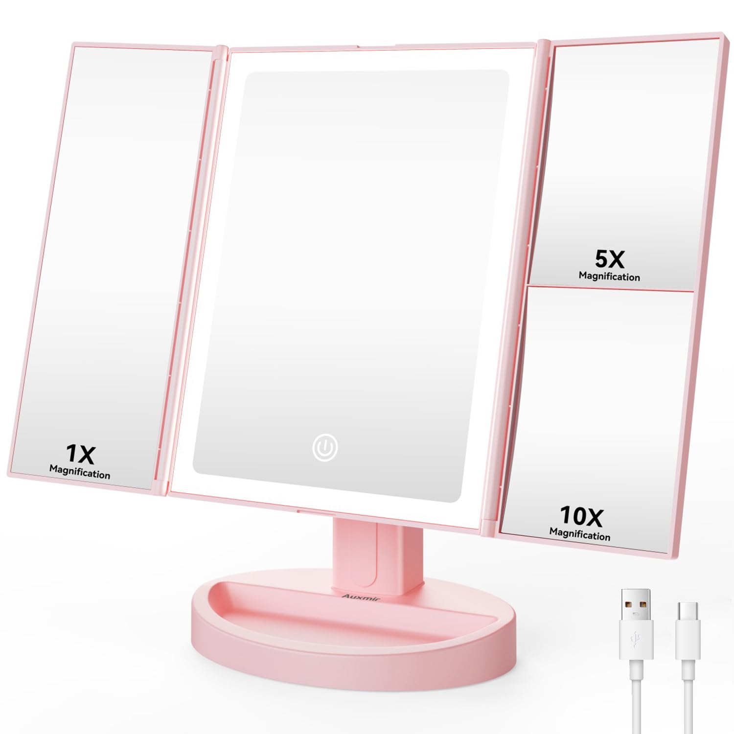 Auxmir Espejo Maquillaje con Luz, Recargable 1X/5X/10X Espejo Aumento Tríptico, 68 Luces LED con Pantalla Táctil Brillo Ajustable, Giratorio 180°, Rosa