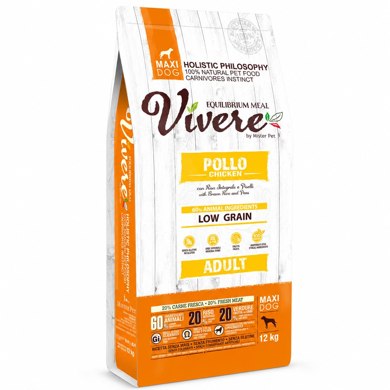 Vivere Adult Maxi Crocchette Cane Adulto con Pollo, Mangime Secco Low Grain Gluten Free per Cani Taglia Grande, Alimento Completo con Omega 3, Prebiotici, Frutta ed Erbe, 12 kg