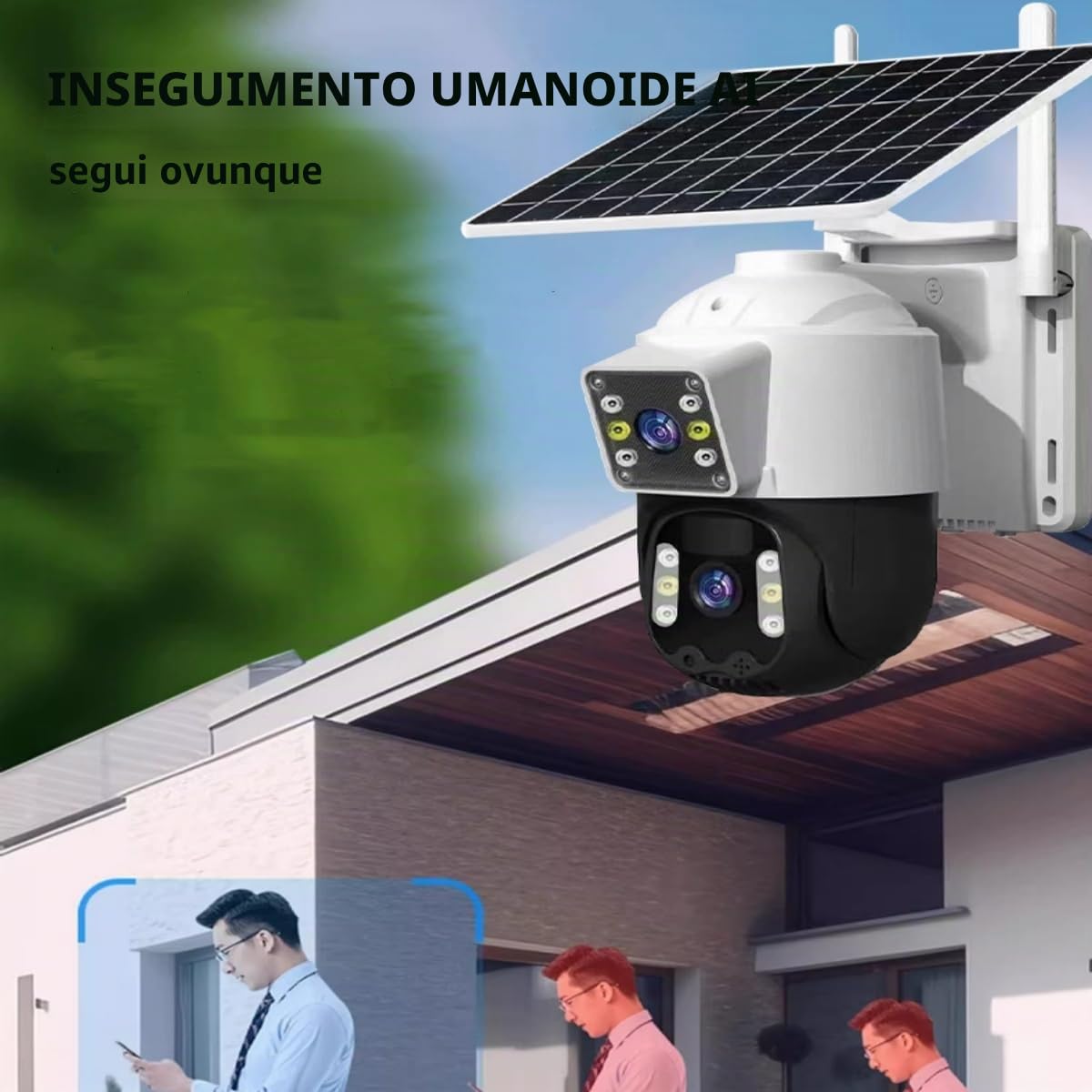 EMEBAY Telecamera Wi-Fi Esterno Senza Fili con Pannello Solare, Videocamera Sorveglianza Esterno Batteria, 6MP/2 Lenti/Rotazione a 360°/Rilevamento Umano/Visione Notturna a Colori/Audio bidirezionale