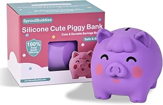 Piggy Bank Silicone Cute Unbreakable Pig Money Saving Jar Coin Bank for Kids,Boys and Girls Easter Christmas Birthday Gift (Purple)