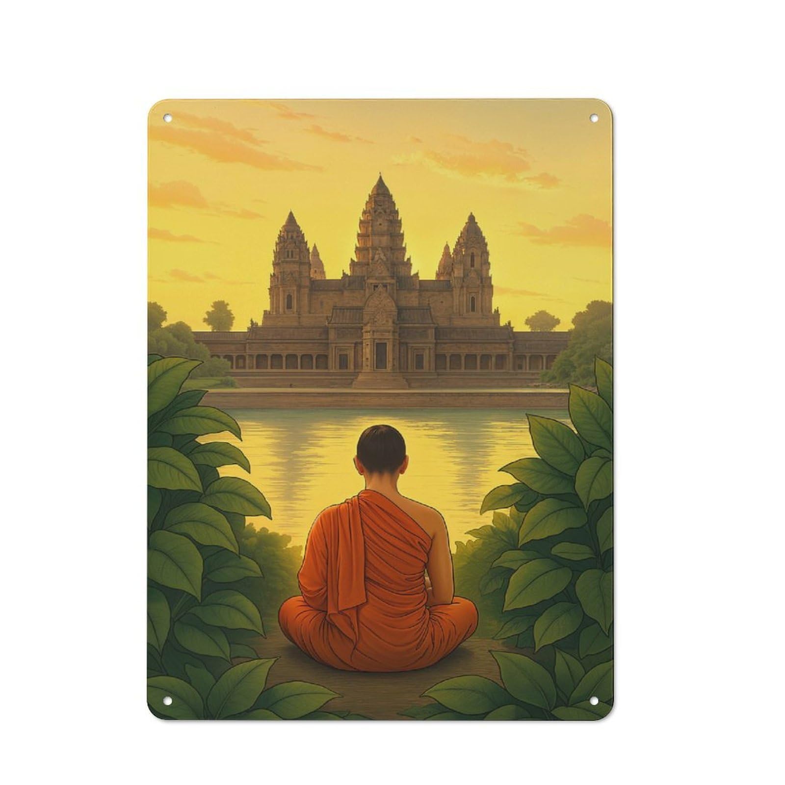 Junmoney Monk Meditating At Angkor Wat Temple Printed Metal Sign For Pet Owners, Birthday, Christmas Or Housewarming Gift, 40X30cm
