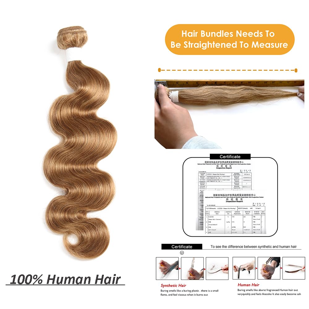 X-TRESS Honey Blonde Bundles 10A Body Wave Bundles Human Hair Braiding Hair #27 Wavy Remy Hair Extensions 16 Inch Double Wefts 1 Bundles for Braiding Quick Weave Hair Bundles