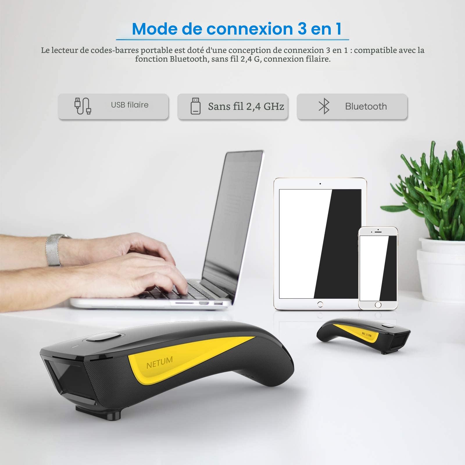 NETUM C750 Bluetooth 2D Barcode Scanner sans Fil QR pour Tablette iPhone iPad Android iOS PC POS