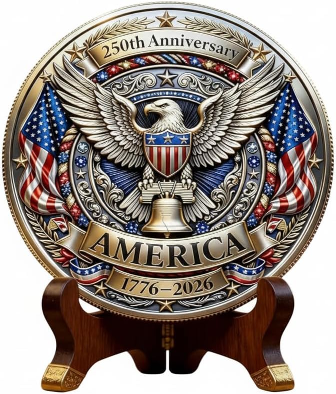 2026 US America 250th Anniversary Challenge Coin 1776-2026 American Eagle Liberty Bell Commemorative Medallion Veterans Military Gift Patriotic Semi-Precious Metal Collectible with Enamel Color