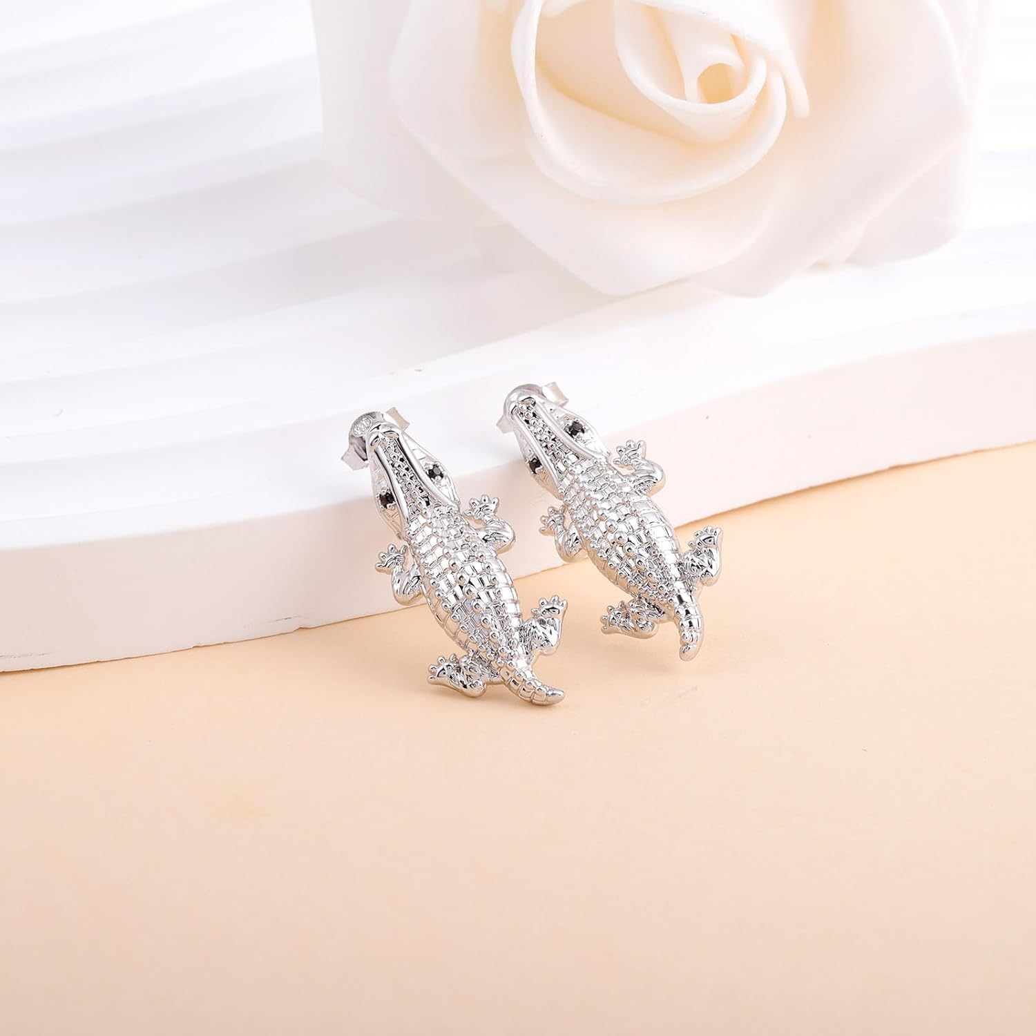 Alligator Stud Earrings for Women - Silver Hypoallergenic CZ Animal Bite Earring Jewelry Gifts