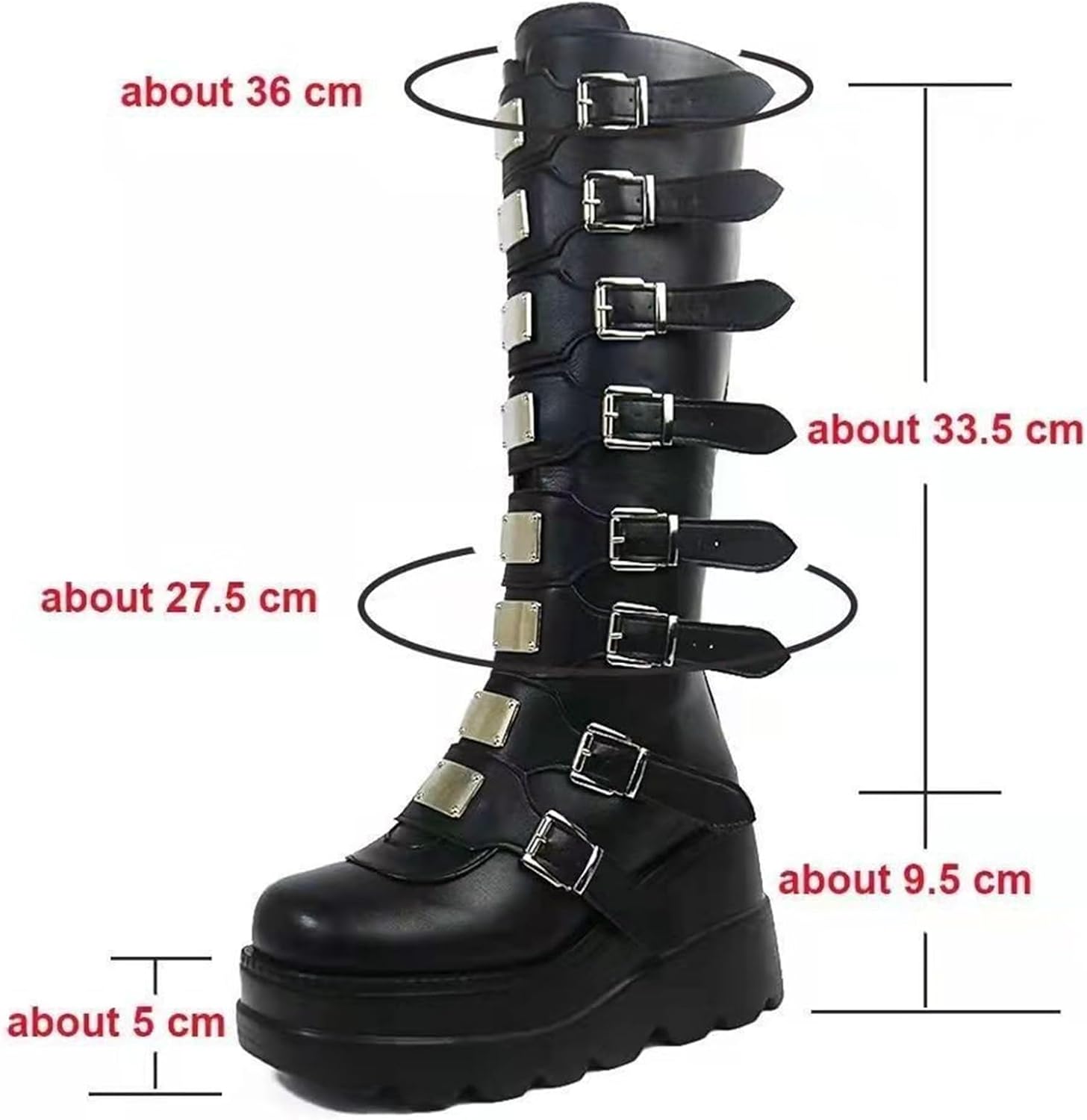 Womens Wedge Platform Knee High Boots Goth Zip Punk Goth Mid Calf Boots Buckle Chunky Heel Combat Boots