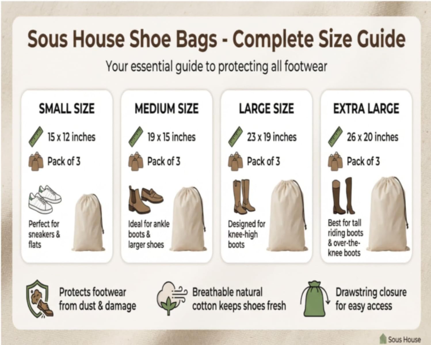 Cotton Shoe Bags with Drawstring (3 Pack) 15x12 inches, Shoe Storage for Travel, Dustproof, Soft & Breathable Natural Cotton, Reusable Shoe Organizer Bags for Sneakers, Boots & Storage - S