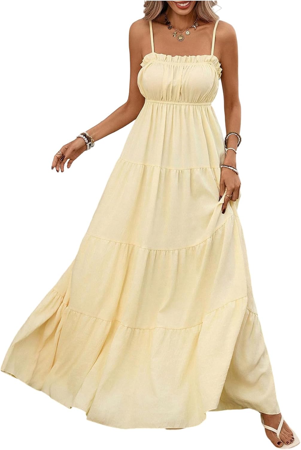 SOLY HUX Women's Summer Maxi Dress Spaghetti Strap Frill Ruffle Flowy Beach Vacation Long Cami Dresses Sundress