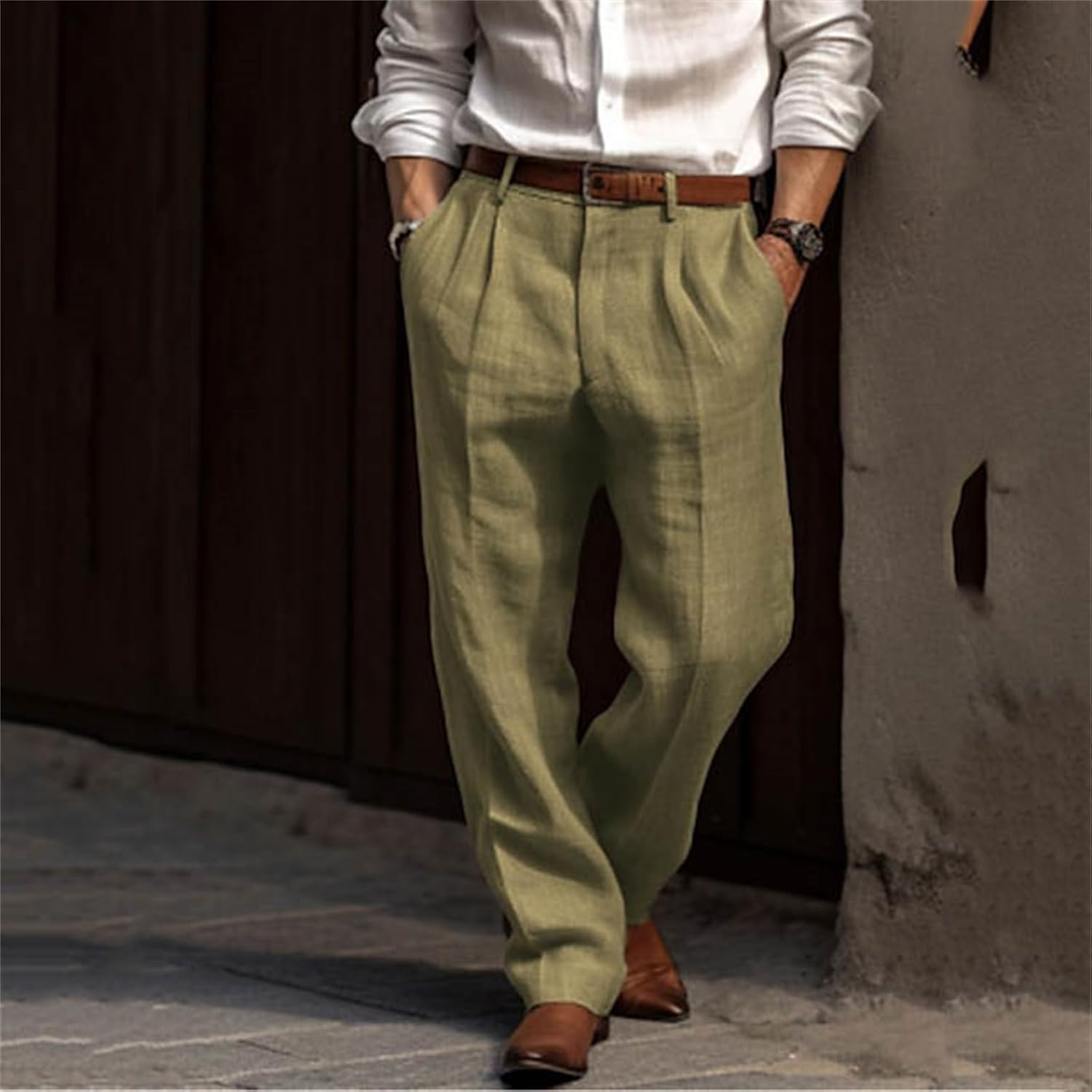 Wankang Mens Casual Linen Pants Loose Fit Expandable Waist Straight-Legs Pants Summer Yoga Beach Long Pants for Men