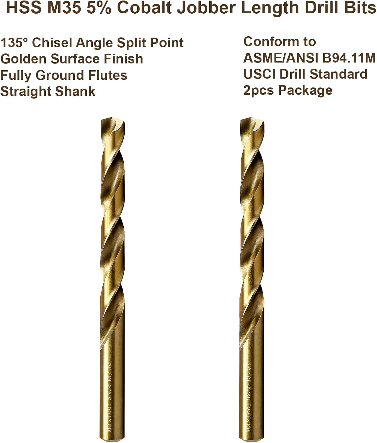MAXTOOL 1/2" 2pcs Identical Jobber Length Drills HSS M35 Twist Drill Bits 5% Cobalt Fully Ground Golden Straight Shank Drills; JBF35G10R32P2