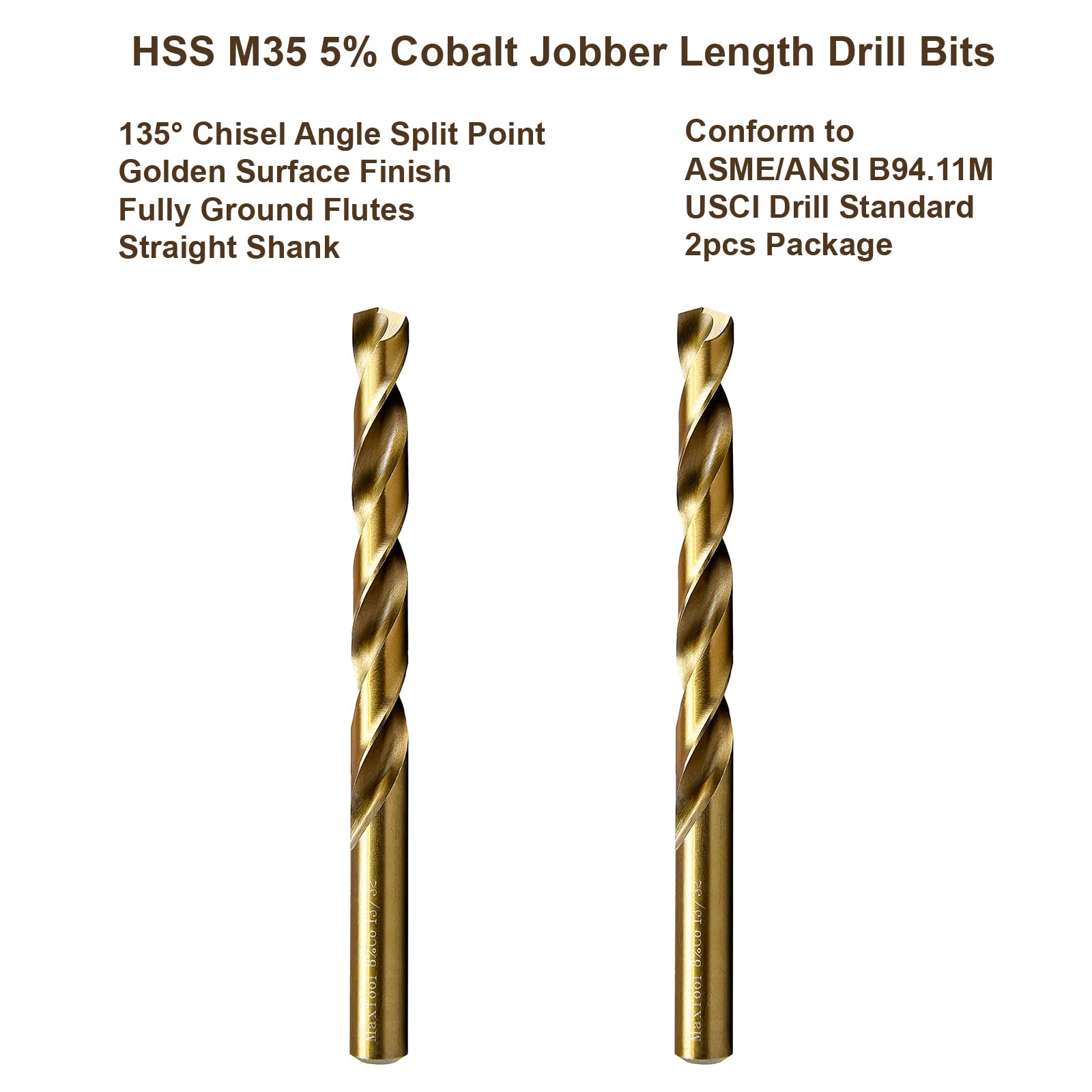 MAXTOOL 7/16" 2 brocas de longitud Jobber HSS M35 5% cobalto totalmente tierra; JBF35G10R28P2