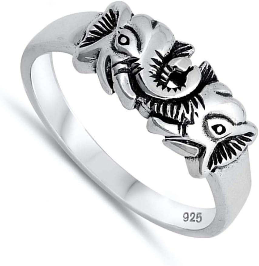 Good Luck Double Elephant Head Animal Ring .925 Sterling Silver Band Sizes 4-10