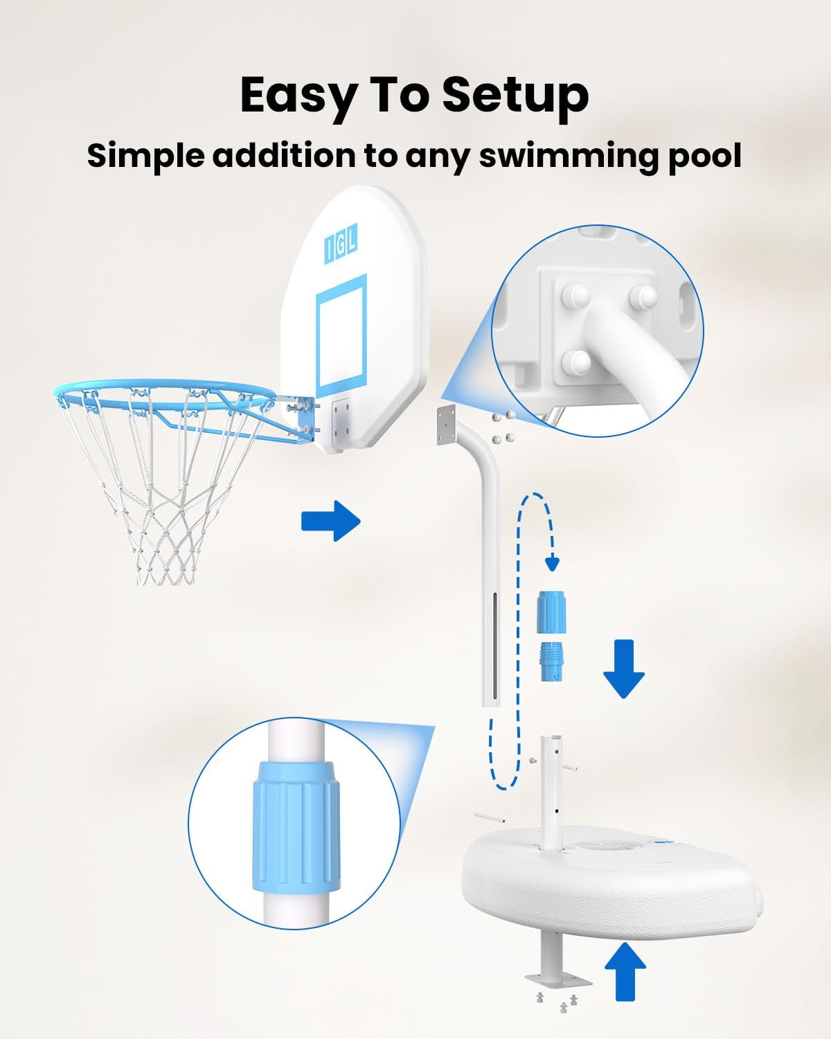 IGL Poolside Basketball Hoop, Swimming Pool Basketball Hoop with 28 Inch Backboard, Height Adjustment Pool Basketball Goals with Stainless Steel Rim, Includes 2 Balls & Pump