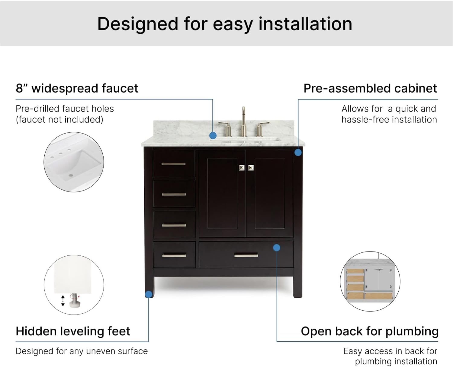 ARIEL Cambridge 36-inch Bathroom Vanity with Sink,Solid Wood, 0.75-inch Italian Carrara Marble Countertop, Single Rectangular Porcelain Sink, 2 Soft Closing Doors, 5 Dovetail Drawers, Espresso