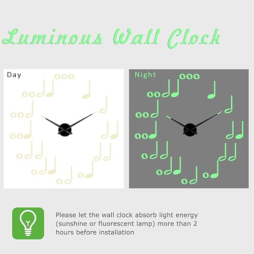 Miniatura 4 de Reloj de acrílico luminoso sin marco, silueta de notas musicales, reloj de pared con calcomanías de espejo, reloj grande moderno para decoración del