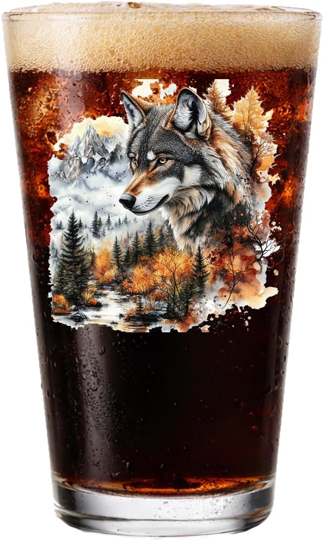 Hat Shark Majestic Wolf Pint Glass, UV Printed Wildlife Scene, Reusable Drinkware (WOLF 1)