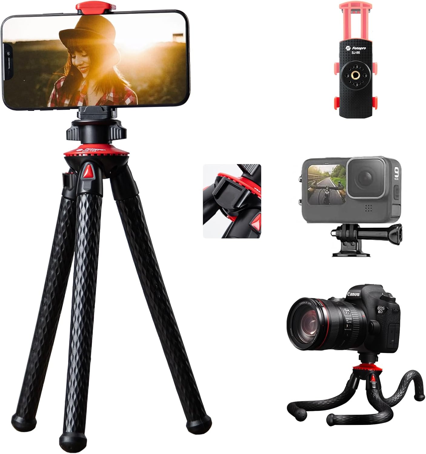 Fotopro Tripod for iPhone Flexible Camera Tripod with Action Camera Holder Phone Mount Portable Bendable Handheld Mini Camera Tripod Stand for go pro Phone Vlogging Video