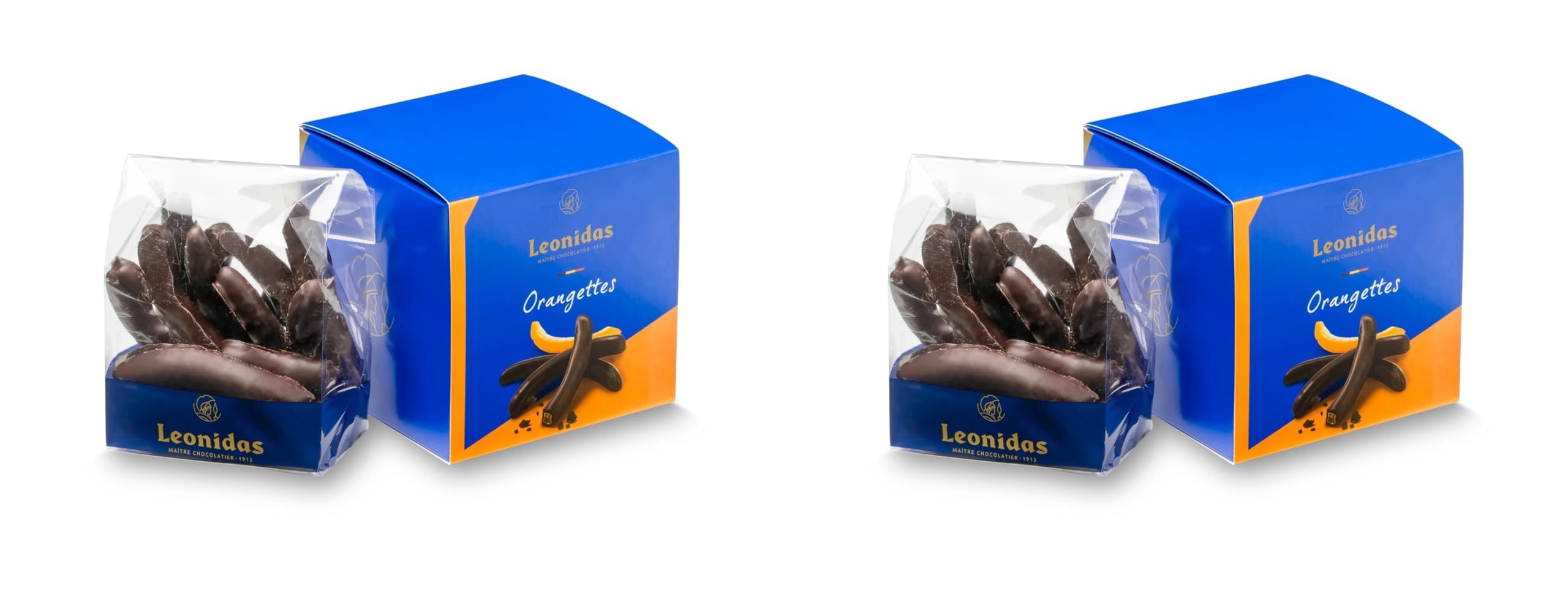 Leonidas Candied Chocolate Orange Peel (Set of 2 × 200 g Cube Boxes) – Belgian Dark Chocolate Orangettes | Candied Orange Strips Coated in Fine Dark Belgian Chocolate | Luxury Gift Set