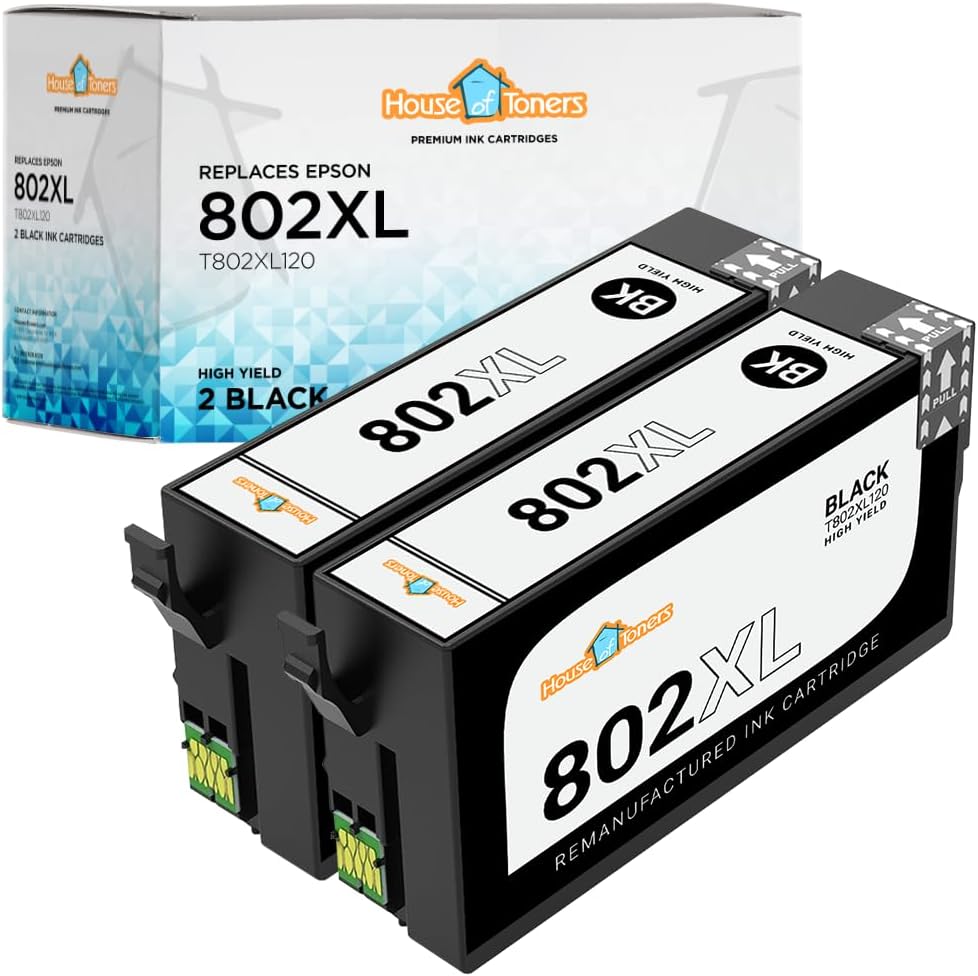 Houseoftoners Remanufactured for Epson 802XL Ink Cartridge High Yield Replacement for Epson 802XL Workforce Pro WF-4730 WF-4734 WF-4740 WF-4720 EC-4020 EC-4030 EC-4040 Printer Ink (2 Black, 2PK)