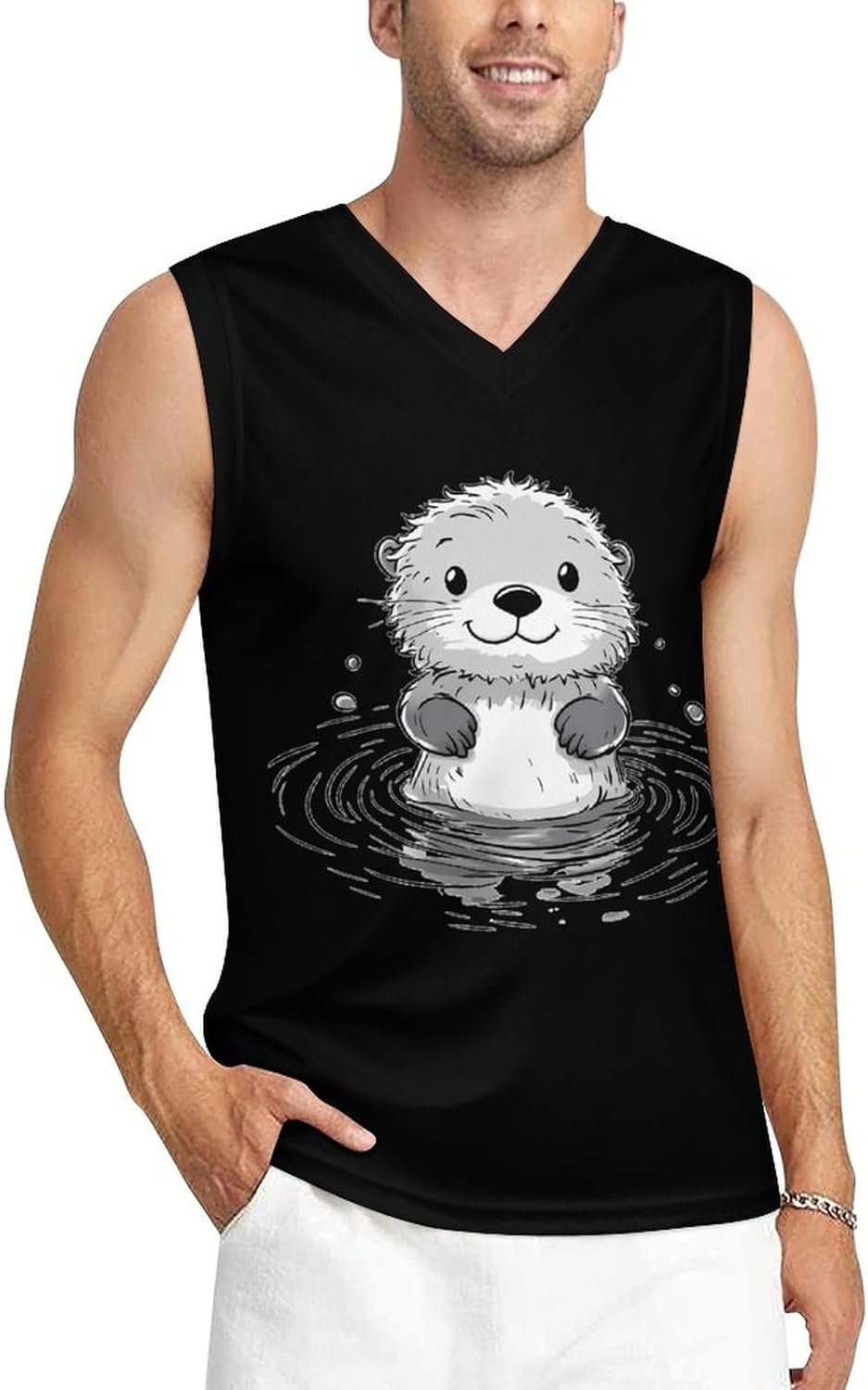 Sea Otters on The Water Men's V-Neck Basketball Tank Top Sleeveless Workout Tank Shirts Gym Fitness Tees Vest