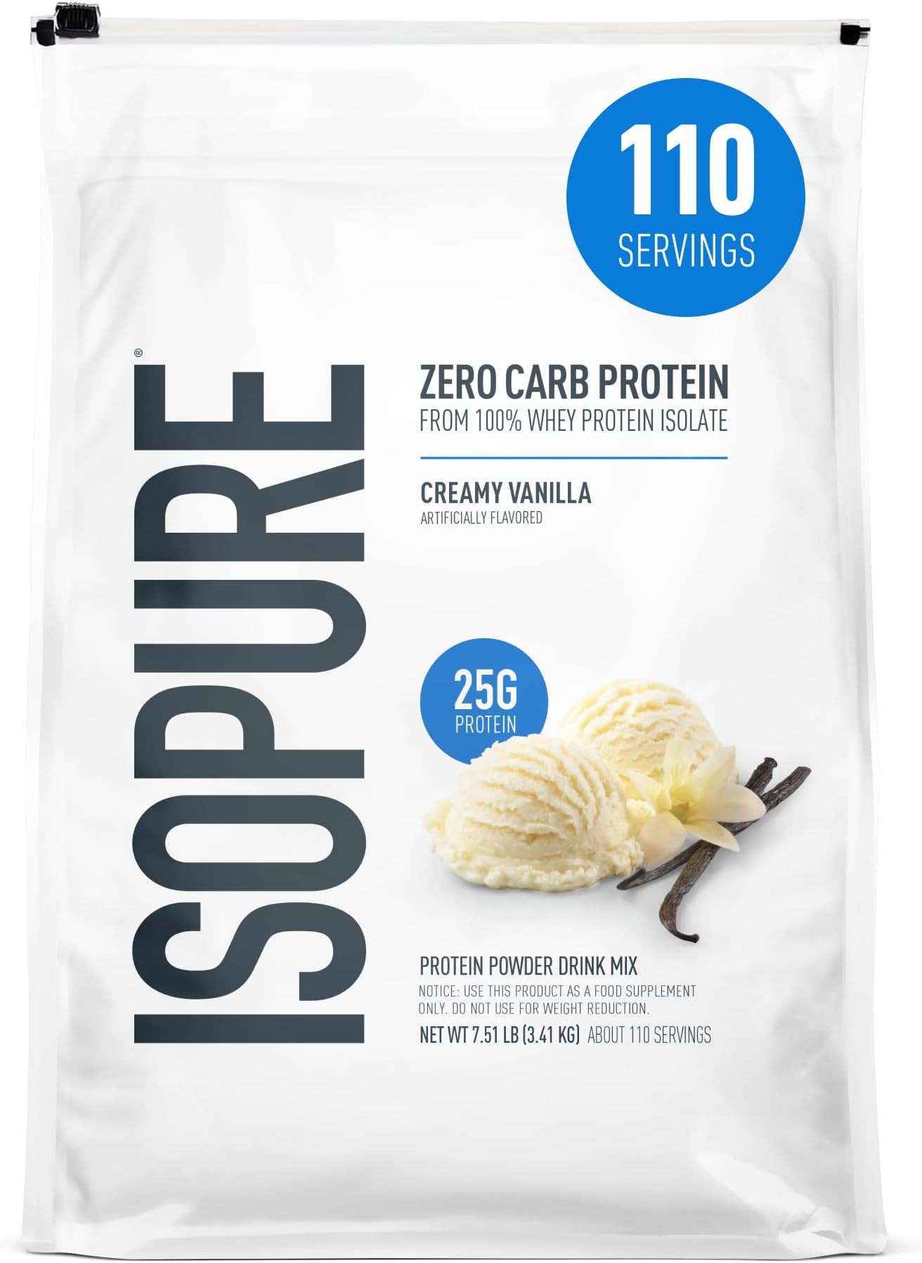 Isopure Zero Carb 100% Pure Whey Isolate Protein Powder, Gluten Free, With Vitamins, Creamy Vanilla, 25g Protein Per Serving, 7.5 Lbs, 110 Servings (Packaging May Vary)