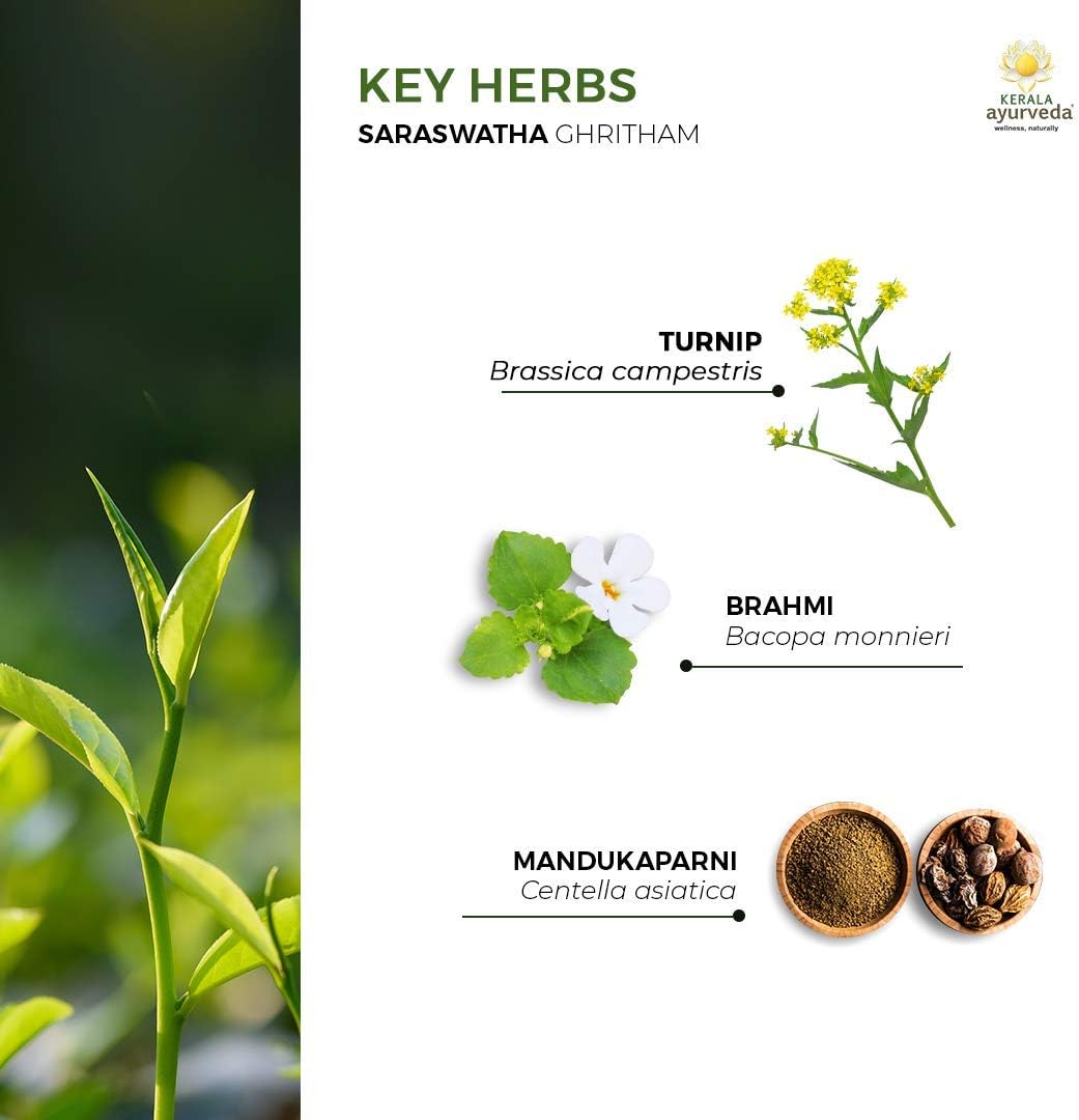 Kerala Ayurveda Saraswatha Ghritham - Premium Potency Brain Rejuvenating Herbs in Ghee Base - Supports Healthy Cognitive Functions & Promotes Positive Emotions, 7.43 Oz : Health & Household