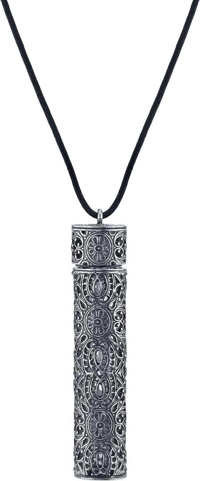 1928 Jewelry Vintage Pewter Tone Filigree Covered 7.39 Ml Glass Container Tube Vial Black Cord Pendant Necklace