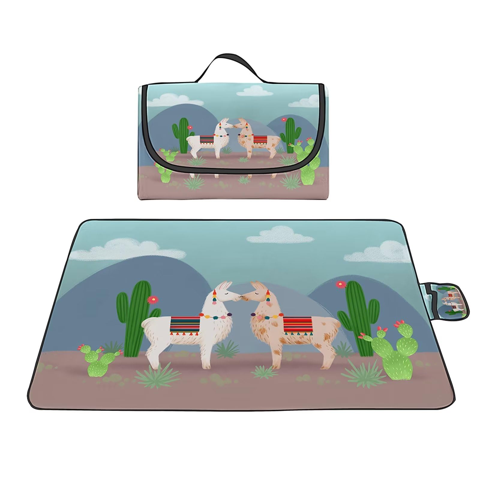 Couverture Pique-nique Imperméable 150x150cm,Couverture Plage Extérieure XXL Tapis de Plage,Cactus couple alpaga Camping Couverture étanche Pique-nique avec Poignée pour Camping Randonnée Parc Plage