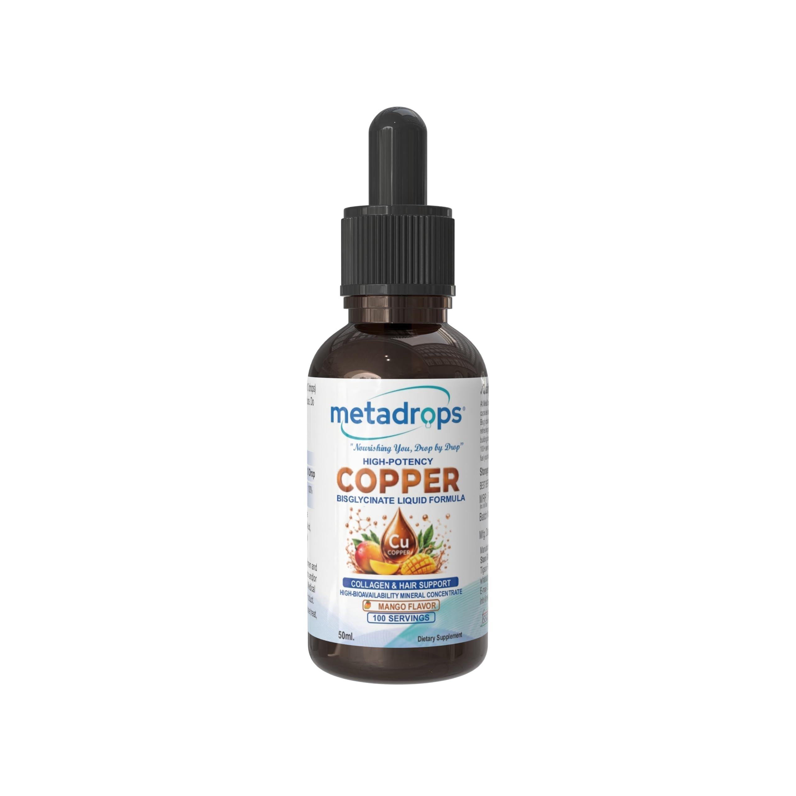 Ionic Copper Bisglycinate Drops 1.7mg – 50ml (100+ Servings) | High-Absorption Chelated Liquid Copper for Collagen, Skin & Hair Support | 100% Vegan, Mango Flavor, Non-GMO