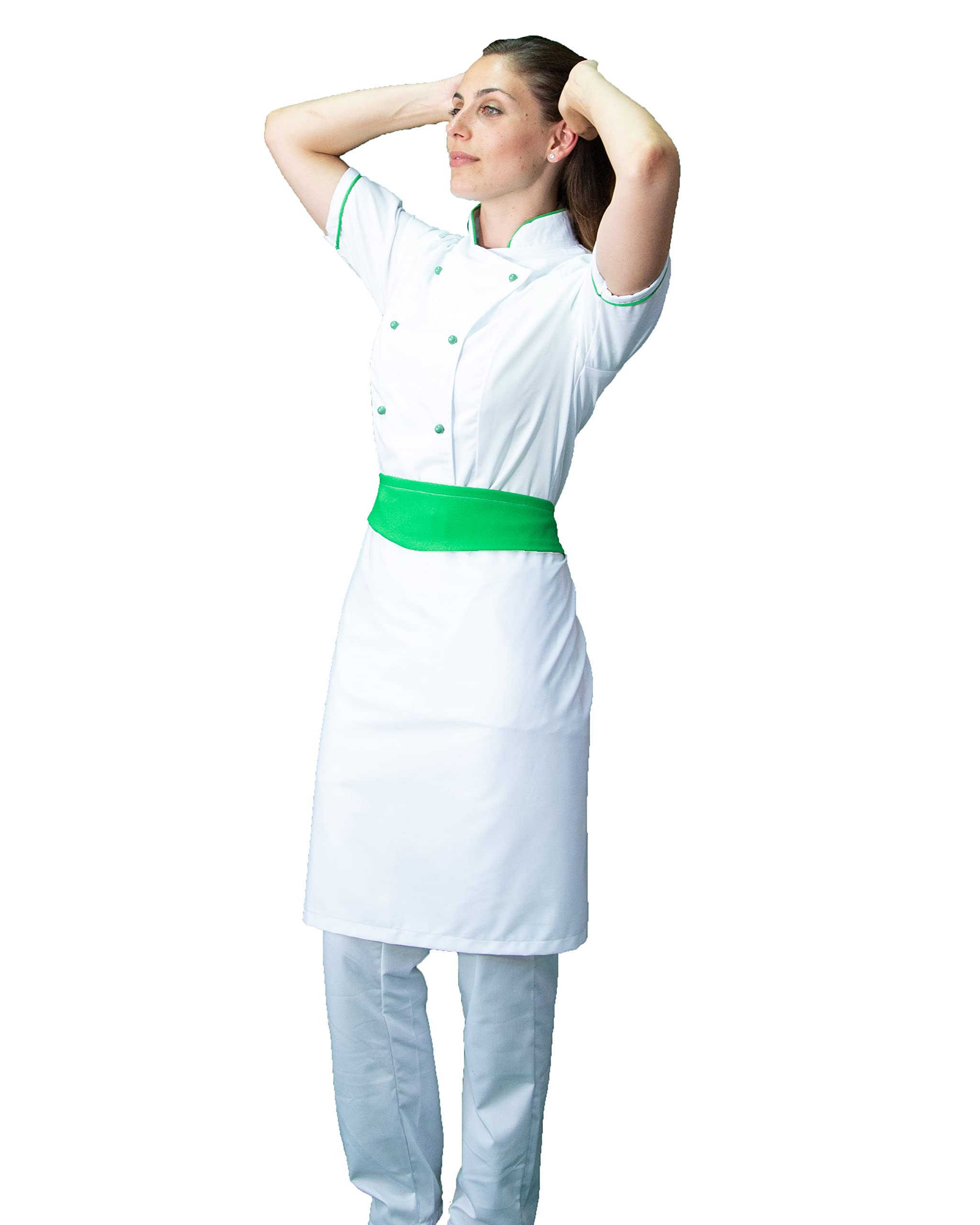 Bordado gratis - Conjunto de cocinero para mujer, blanco y verde, uniforme de chef personalizable M/C, chaqueta, pantalones y delantal - Uniforme para cocina y restaurante - Made in