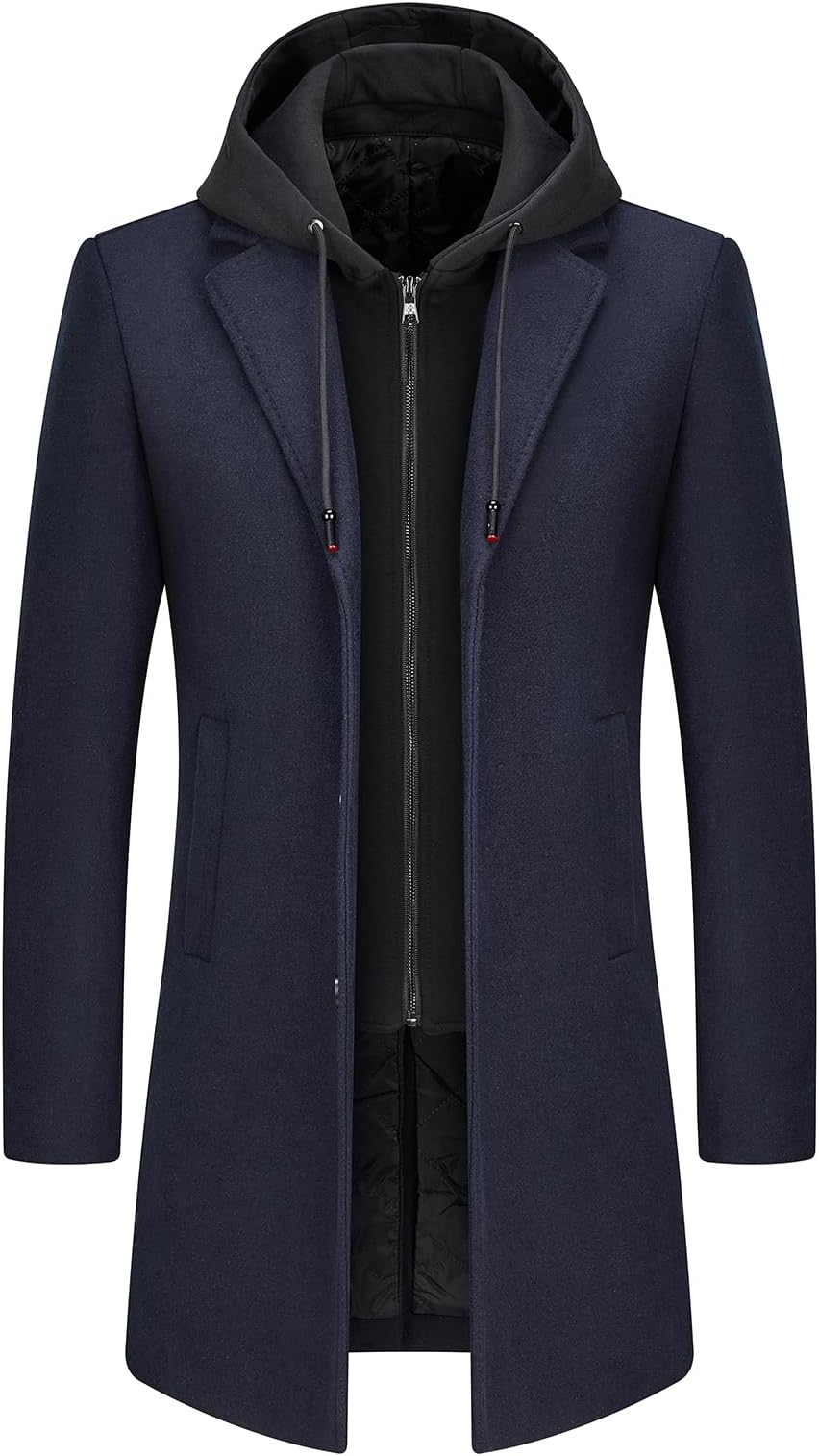 Mens Wool Trench Coat Solid Casual Padded Outdoor Overcoat Long hooded Warm Coat Jacket