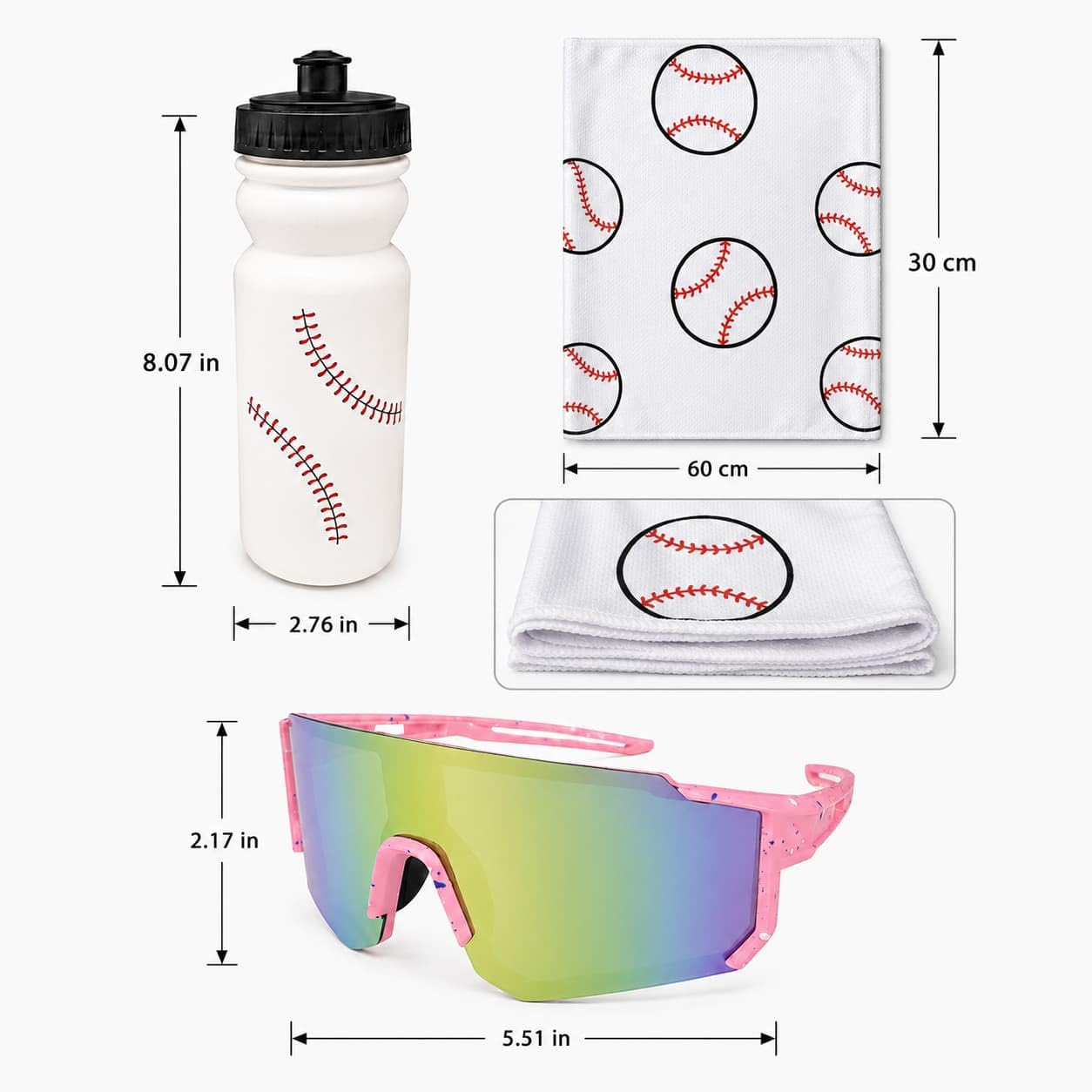 Set di accessori per softball, da uomo e da donna | Con occhiali da sole UV, custodia trasparente, elastici per capelli, fasce per capelli, bottiglia a tenuta stagna da 600 ml e