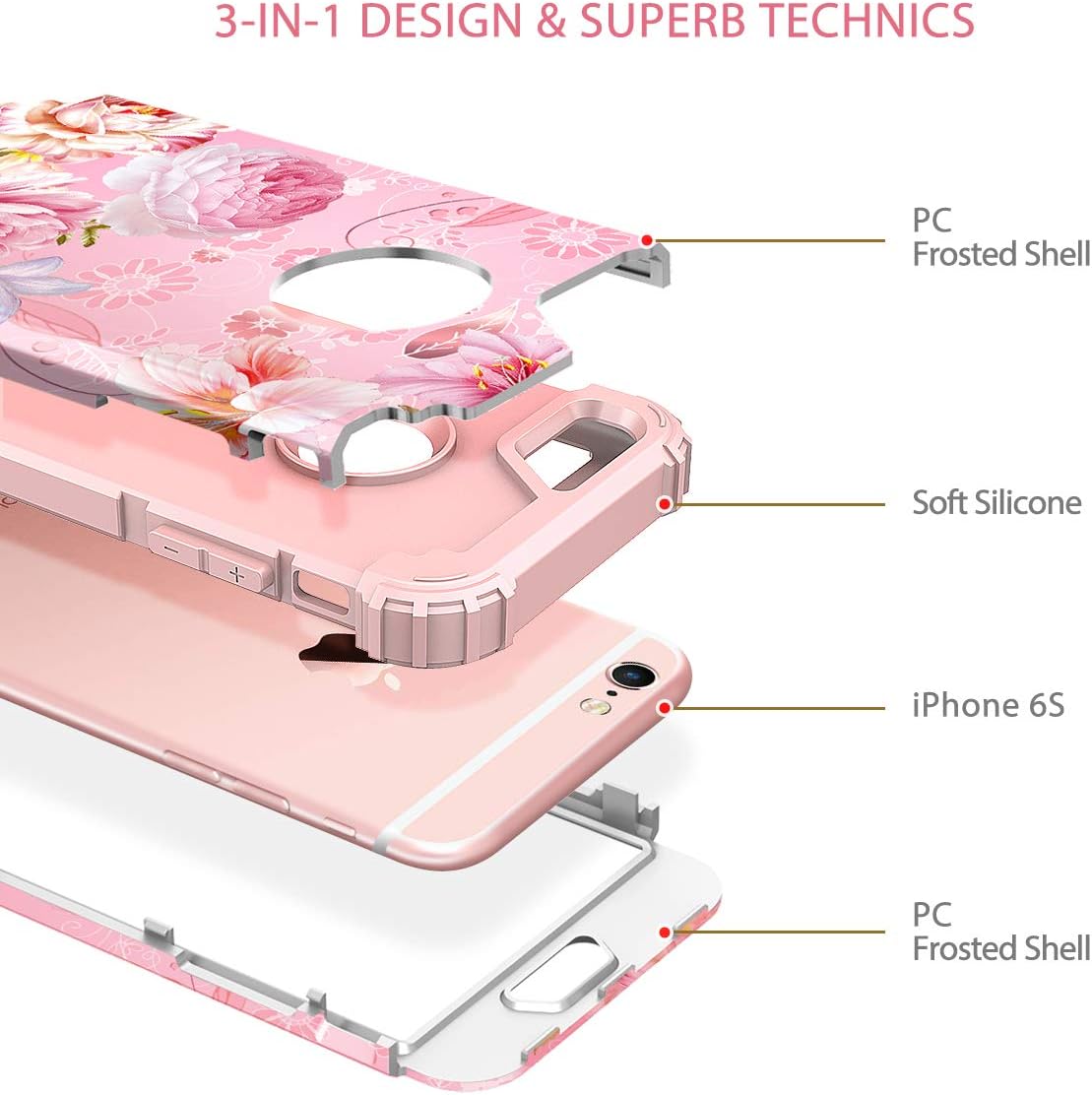 Hekodonk Compatible iPhone 6s Case, iPhone 6 Case, Marble Lace Mandala Heavy Duty Shockproof Full-Body Protective High Impact Hybrid Cover for Apple iPhone 6 /6s Pink Flower