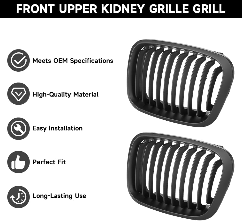 2PCS Front Kidney Grille Grill for BMW 323i / 328i 1999-2000 | 325i / 325xi / 330i / 330xi 2001 | 4 Door Sedan | Matte Black | Replaces 51138208487, 51138208488