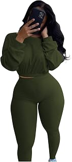 Womens Ribbed 2 Piece Outfits Crop Top Pants Set Tracksuit | Long Sleeve Pullover Skinny Long Pants Sweatsuits Set Two Piece Outfits