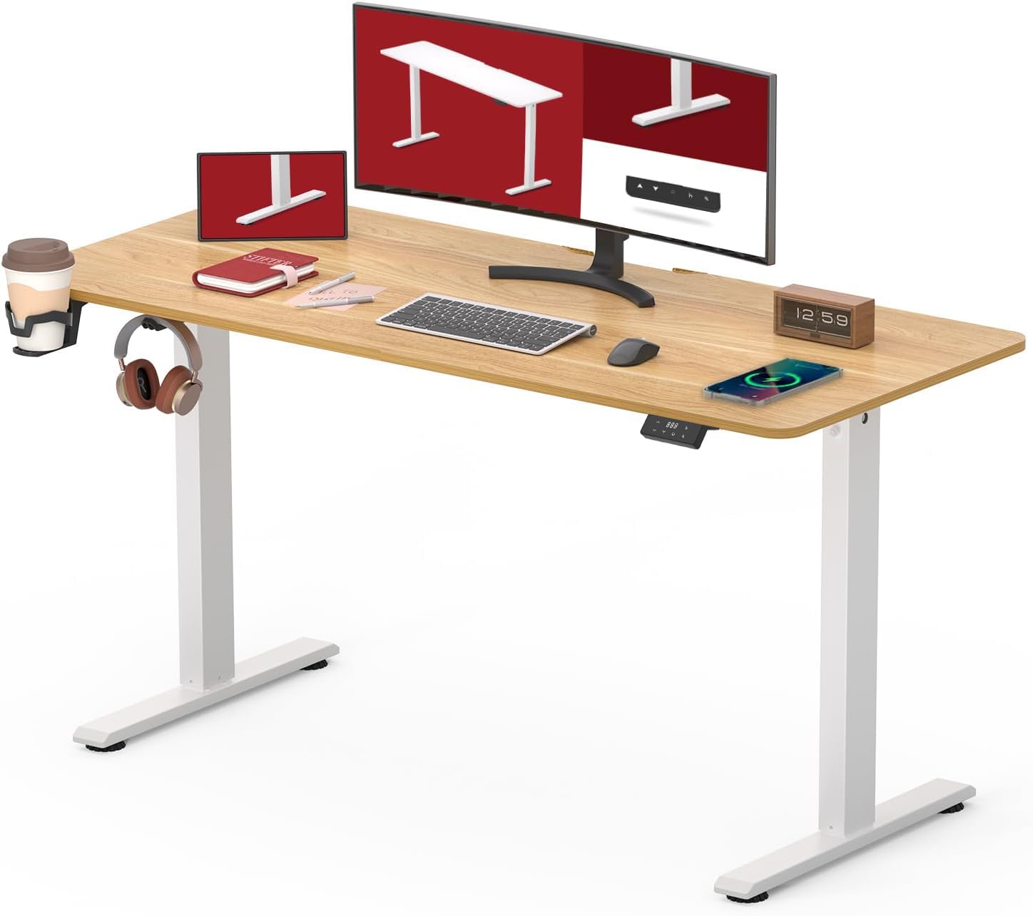 SANODESK140 * 60 Electric Standing Desk Height Adjustable Desk with Cable Mangement Tray Sit Stand Table with 4 Memory Smart Pannel Cupholder and Hooks for Home Office