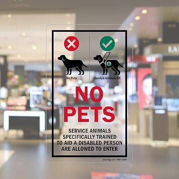 SmartSign 8 x 5 inch No Pets - Service Animals Specifically Trained To Aid Are Welcome Glass Window Decal, Clear Polyester, Red, Black and Green