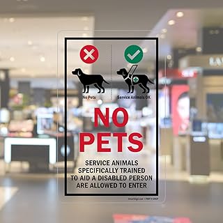 SmartSign 8 x 5 inch “No Pets - Service Animals Specifically Trained To Aid Are Welcome” Glass Window Decal, Clear Polyester, Red, Black and Green
