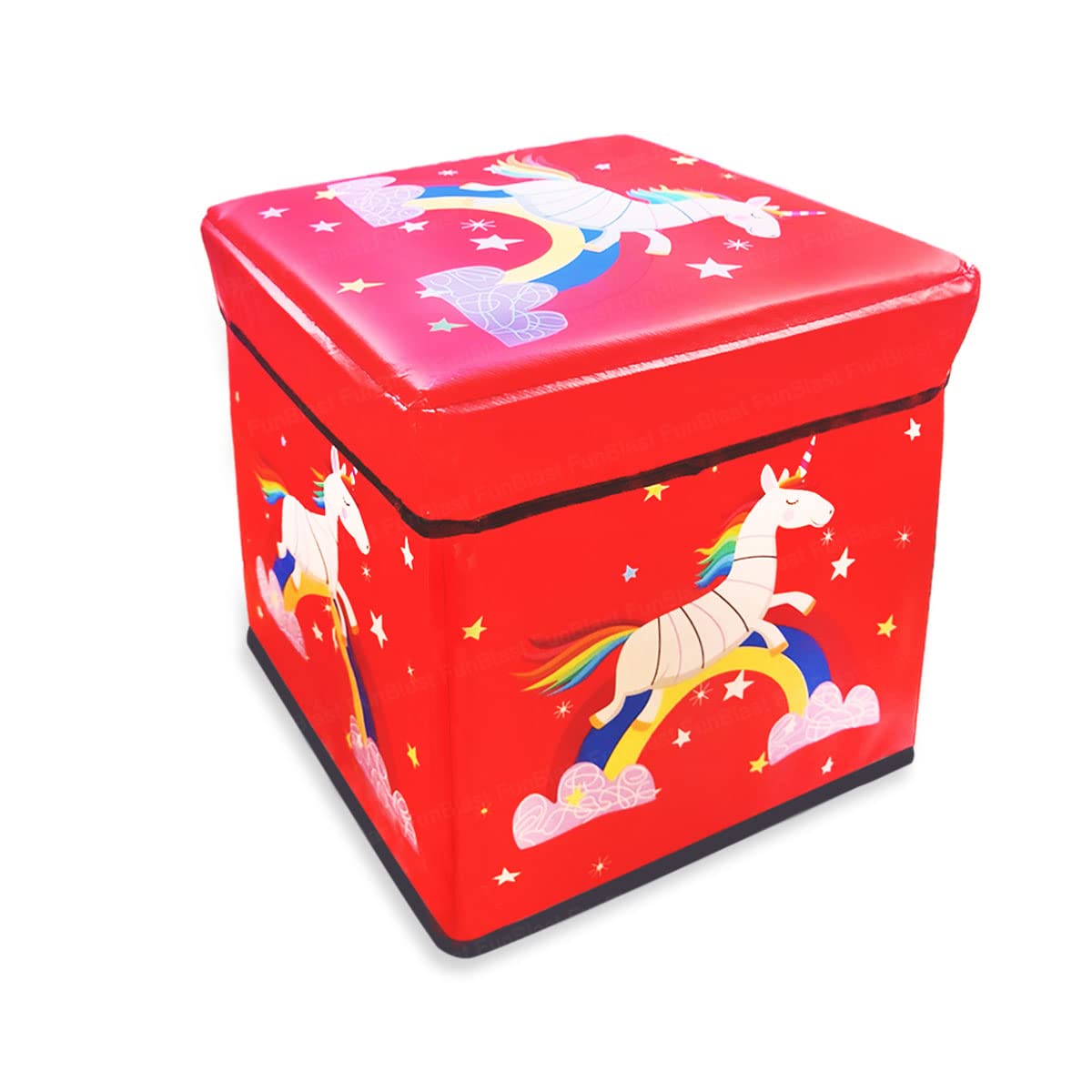 FunBlast Unicorn Multi-Functional Folding Storage Ottoman Box Organizer Cum Stool with Seat Cushion, Storage Boxes for Toys for Kids (Unicorn-Red)