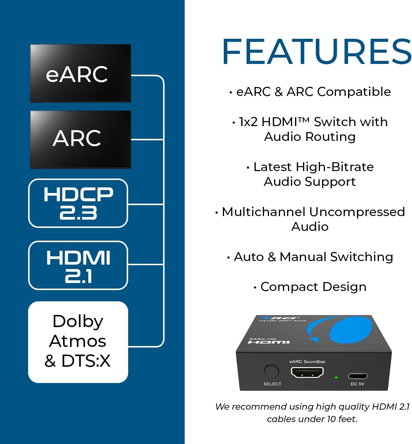 OREI eARC/ARC HDMI 2x1 Audio Switch – Connect One Soundbar/AV Receiver to Two eARC TVs, Supports Dolby Atmos, DTS:X, TrueHD, 32-Channel Audio, Auto/Manual Switching, Heavy-Duty Metal Housing