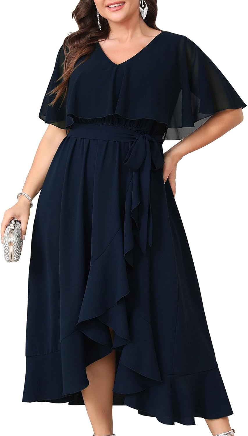 Women Plus Size Long Formal Dress Short Sleeve Chiffon Ruffle V Neck High Low Split Wedding Guest Maxi Dresses