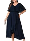 Women Plus Size Long Formal Dress Short Sleeve Chiffon Ruffle V Neck High Low Split Wedding Guest Maxi Dresses