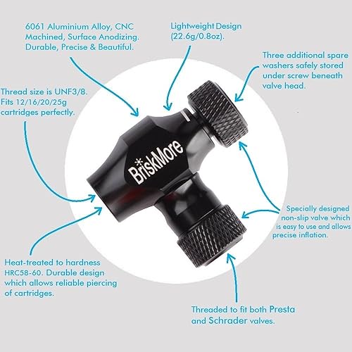 Miniatura 3 de Inflador de CO2 negro, válvula Presta y Schrader, compatible con bomba de neumáticos de bicicleta para bicicletas de montaña y carretera con funda