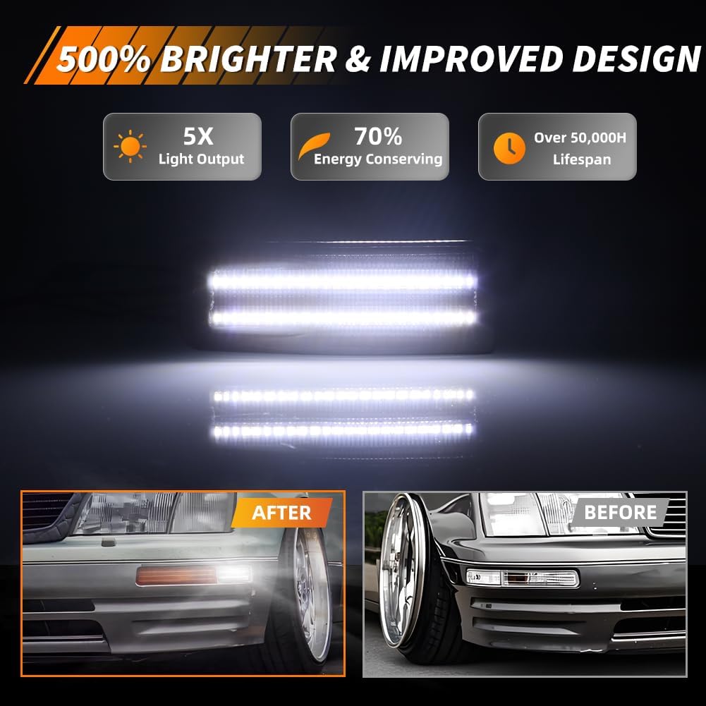 Front Side Marker Light Compatible with Le-xus LS400 1995 1996 1997, [DOT] [IP67 Waterproof] White LED Sidemarker Lamp, Replace OEM #8152050030, 1 Pair, Smoked Lens