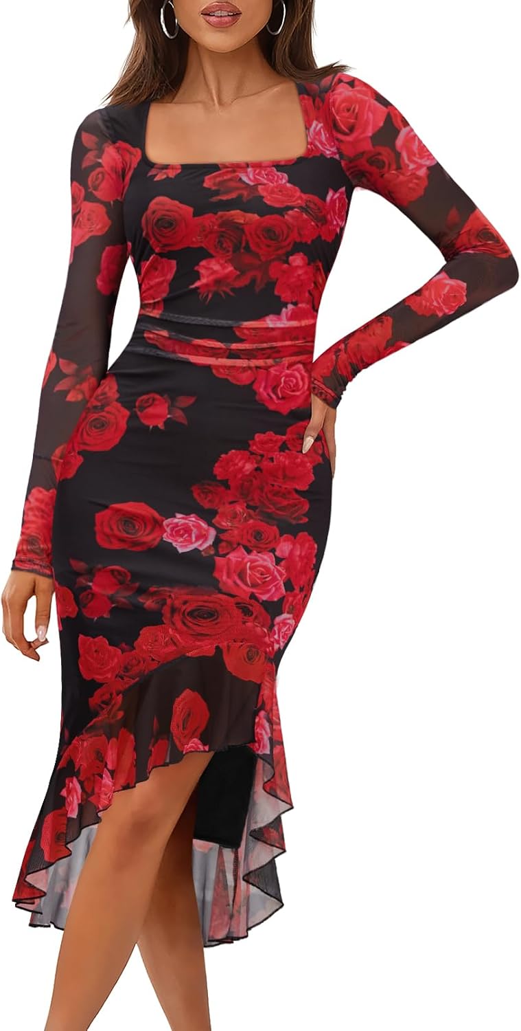 MEROKEETY Women's Long Sleeve Fall Wedding Guest Dress Elegant Classy Bodycon Square Neck Mesh Cocktail Midi Dresses