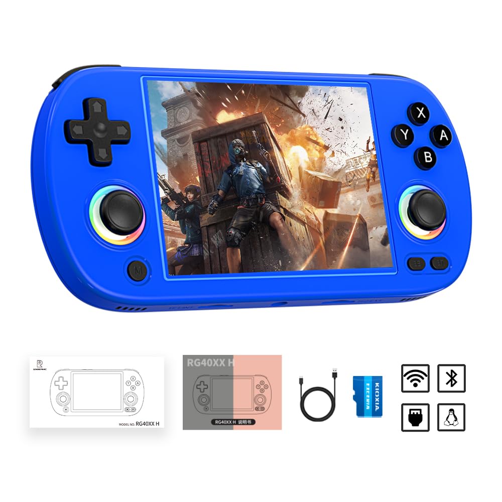 RG40XX H Retro Handheld Game Console RG40XXH Retro Gaming Console with 4-inch IPS Screen Linux System RGB Lighting 64G TF Card and 3200mAh Battery Supports 5G WiFi Bluetooth 4.2 Blue