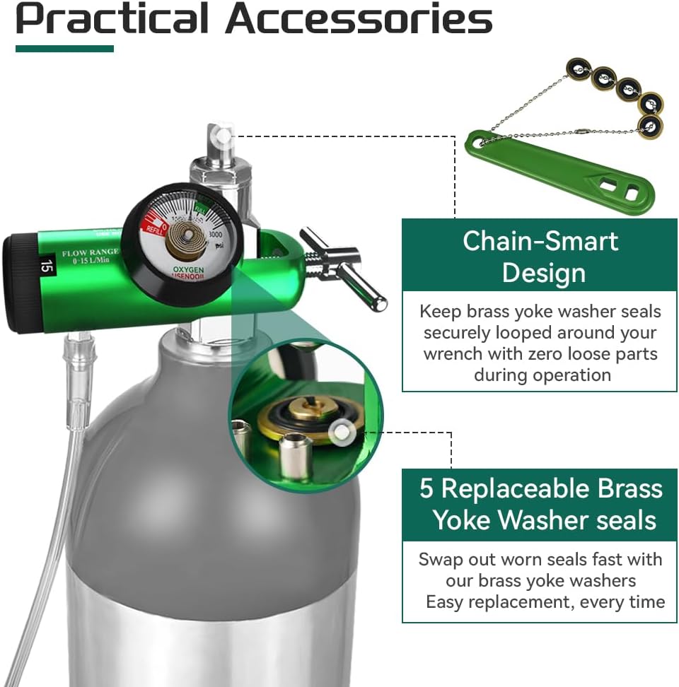 Oxygen Regulator for Oxygen Tank CGA 870 Connection, 0-15 LPM, Portable Oxygen Tank Regulator with Brass Sleeve, Includes 1 Wrench and 5 Brass Yoke Washer Seals