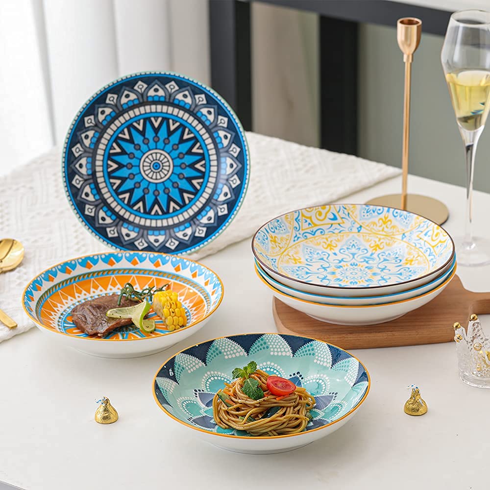 Assiettes Plates Assiette Creuse Porcelaine - Lot de 6 Assiette a Pates | Salade | Soupe | Dessert | Risotto - 680 ml - 20×4 cm
