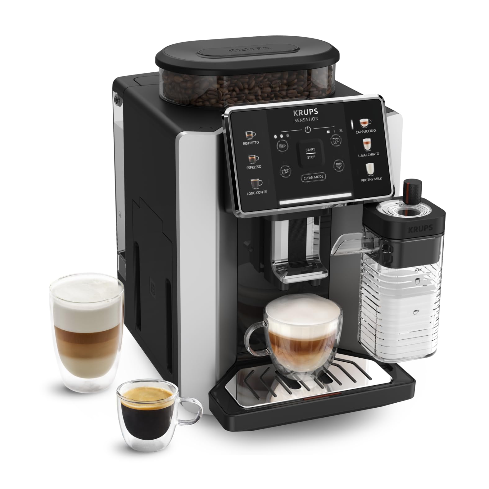 Krups Sensation Lait, machine à café grains, 6 boissons, carafe lait