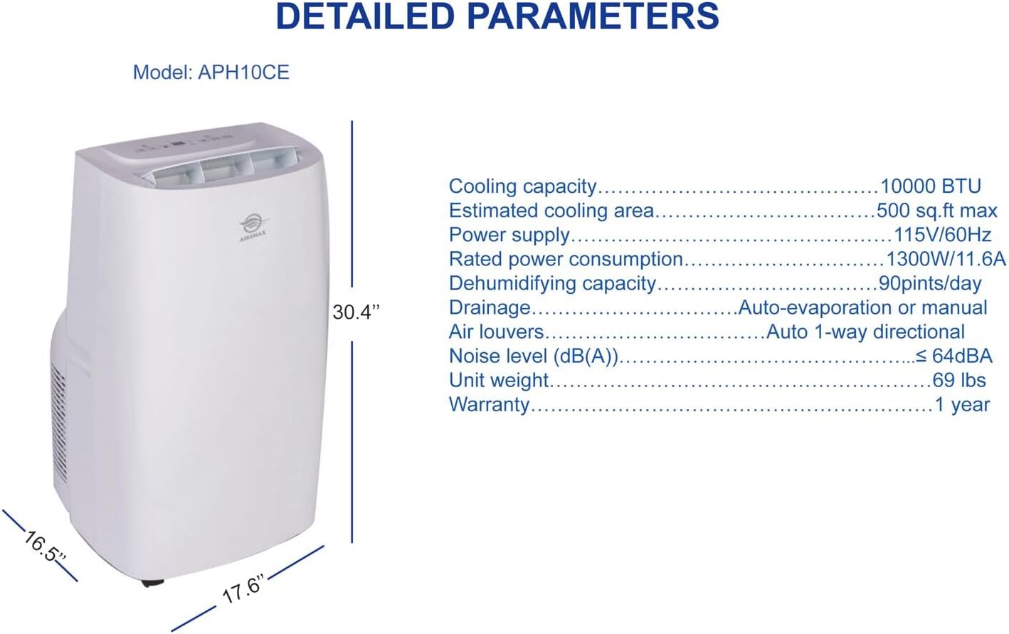Detailed parameters and dimensions of AireMax APH10CE